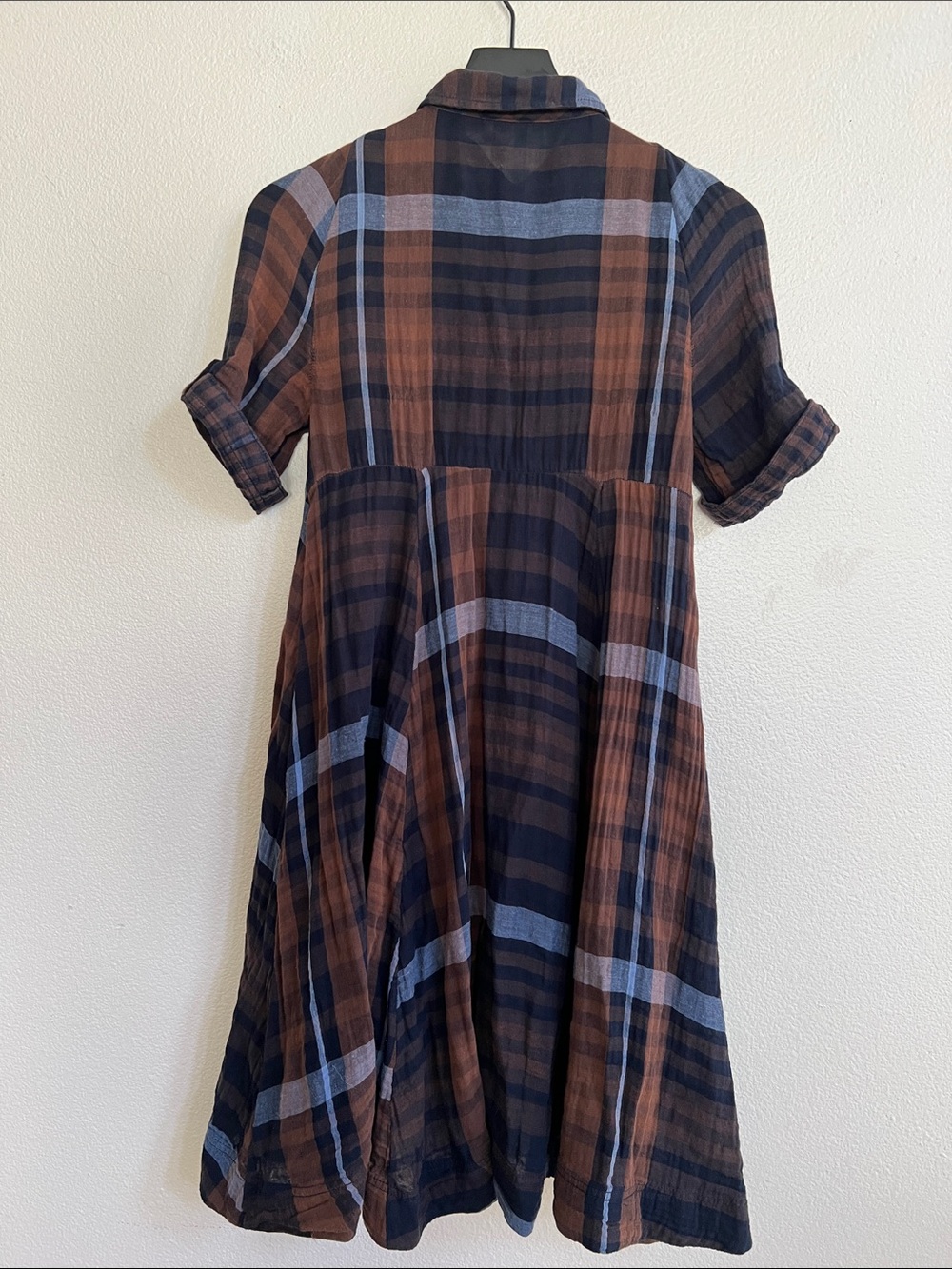 HOLDING HORSES Mixed Plaid Shirt Dress High-Low Handkerchief Hem Blue/Brown SZ 2 - Picture 8 of 15
